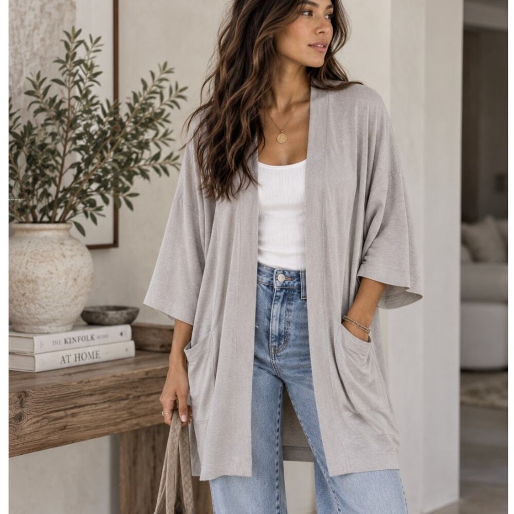 Aritzia Wilfred Free Zlata Cardigan S Gray Open Front Kimono Sleeve Pockets